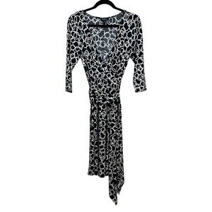 AGB Midi Dress Plunge VNeck Belted Faux Wrap Stretch Black Geo Print Women Sz 6*
